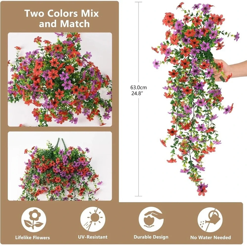 ZFProcess Artificial Hanging Flowers 2 Pcs Red Purple NEW UV Resistant 24.8in